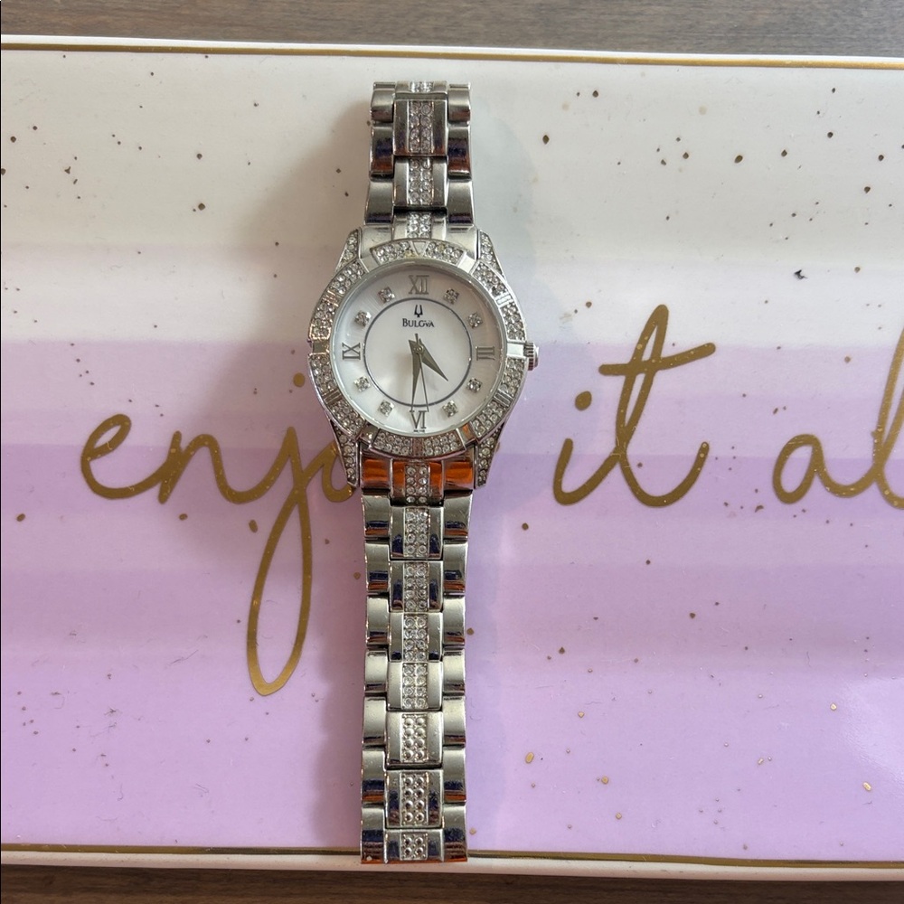 Bulova Silver Crystal-Accent Women's Bracelet Watch, needs battery replacement.